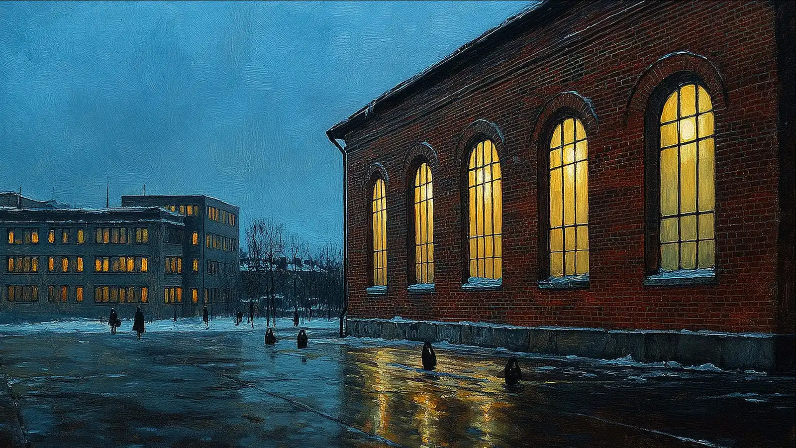 Oljemaleri av en gammel teglsteinsskole i vinterskumring, med høye buede vinduer som lyser varmt gult. Over en våt, snøflekket skolegård står en kontorbygning med rader av opplyste vinduer, og små skikkelser går over plassen under en blågrå himmel.